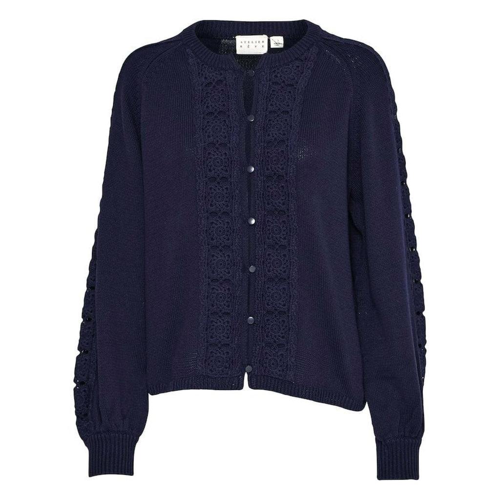 Atelier Reve Maritime Blue Annie Cardigan with stitched detailing, round neckline, and buttoned center.