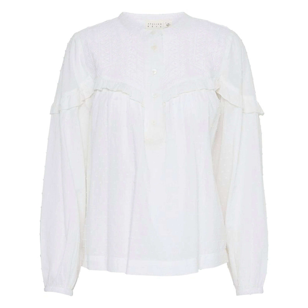 Atelier Reve Snow White Lauren Blouse with frill and button neck in textured cotton.