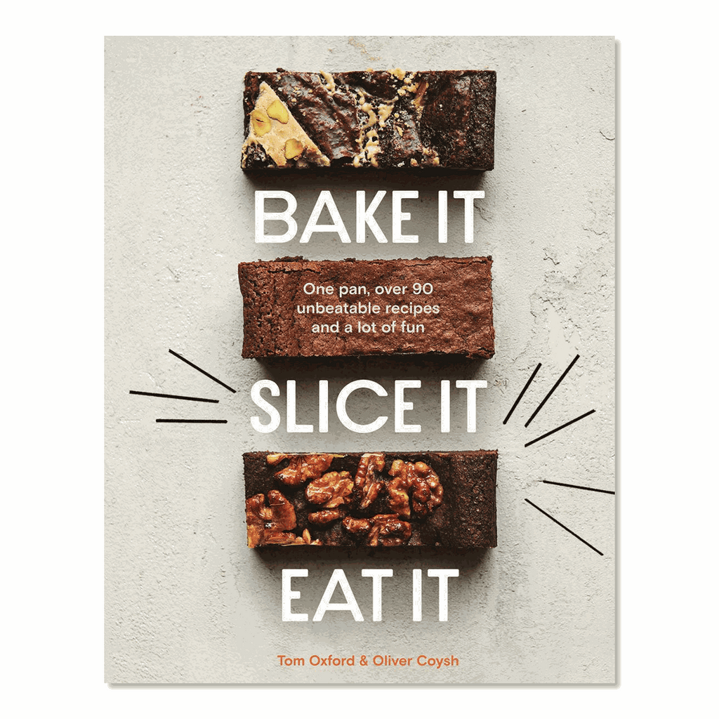 Bake It Slice It Eat It Cookbook cover featuring brownie slices and text highlighting baking simplicity.