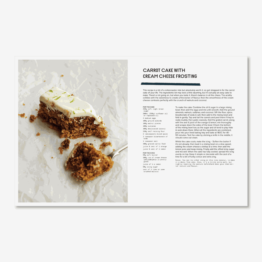 Bake It Slice It Eat It Cookbook page showing carrot cake with cream cheese frosting recipe.