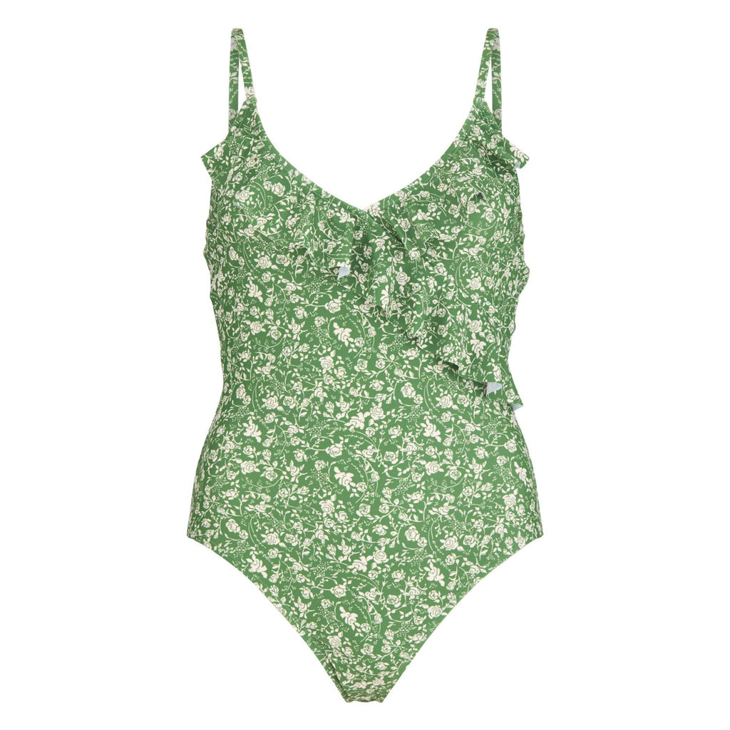 Green swimsuit with printed white floral pattern and ruffle.
Beck Sondergaard Campsite Green Fleurie Bly Frill Swimsuit - Jo And Co Beck Sondergaard Campsite Green Fleurie Bly Frill Swimsuit - Beck Sondergaard