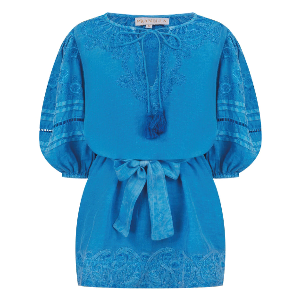 Blue dress with balloon sleeves, kaftan style neckline and tassel ties.
Pranella Blue Carla Dress - Jo And Co Pranella Blue Carla Dress - Pranella