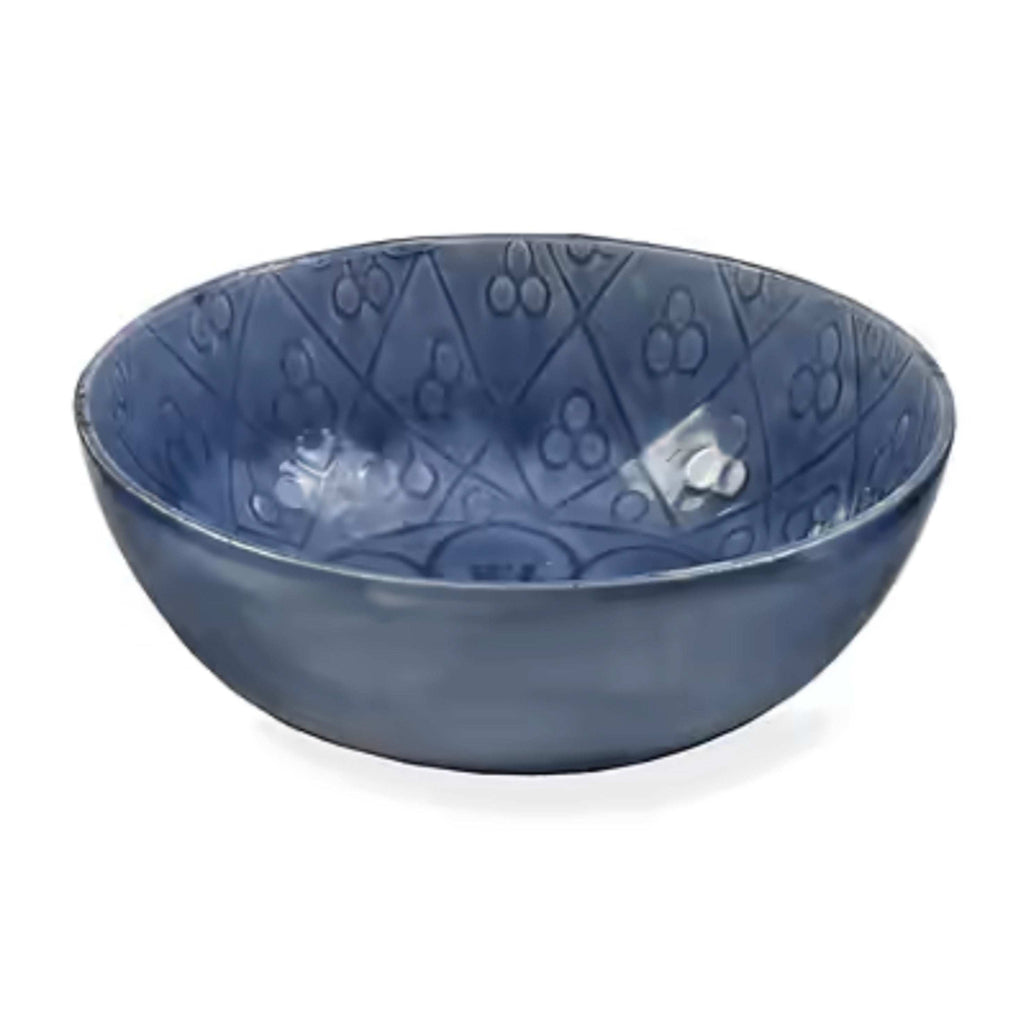 Blue Fiskardo Nibble Bowl made of aluminum with decorative pattern.