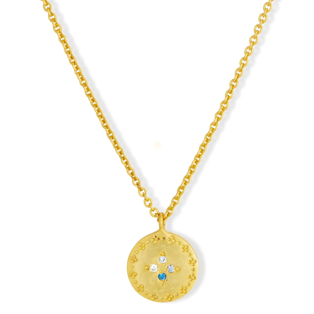 Blue crystal gold coin pendant necklace by Ashiana London.