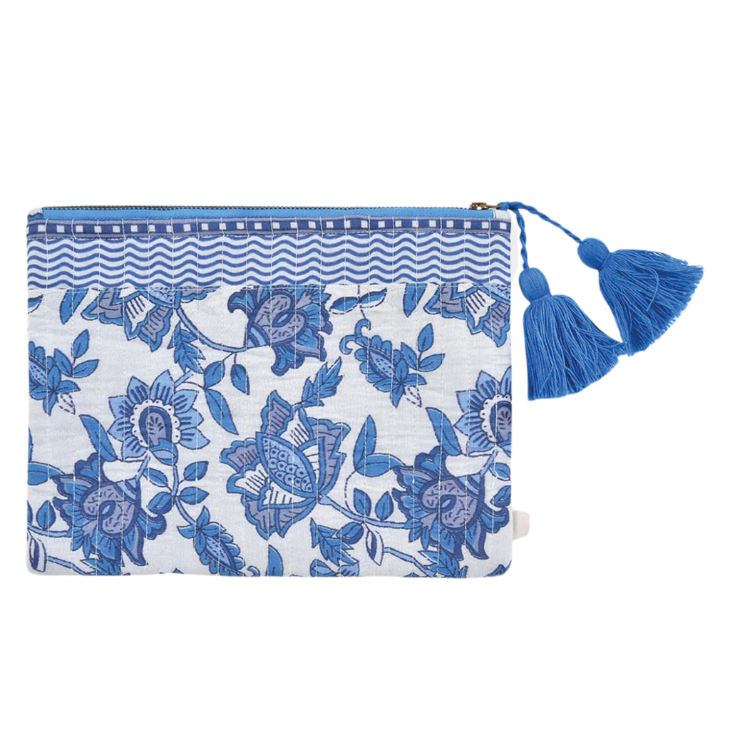 Quilted zipped pouch with blue Indian-inspired floral block-print design and handmade blue tassels.
Louise Misha Blue Lobelia Garden Domina Pouch - Jo And Co Louise Misha Blue Lobelia Garden Domina Pouch - Louise Misha