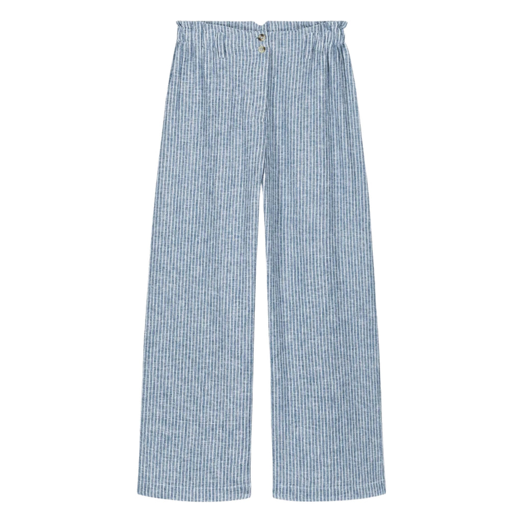 Classic blue Onda Striped Aubela Trousers in cotton and linen pants in a loose, straight cut.Louise Misha Blue Onda Striped Abuela Trousers - Jo And Co Louise Misha Blue Onda Striped Abuela Trousers - Louise Misha