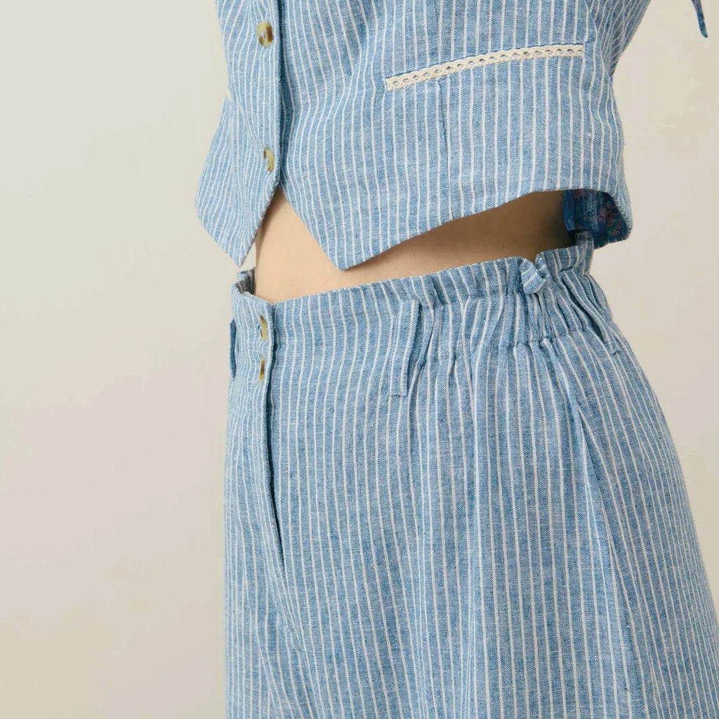 Classic blue Onda Striped Aubela Trousers in cotton and linen pants in a loose, straight cut.Louise Misha Blue Onda Striped Abuela Trousers - Jo And Co Louise Misha Blue Onda Striped Abuela Trousers - Louise Misha