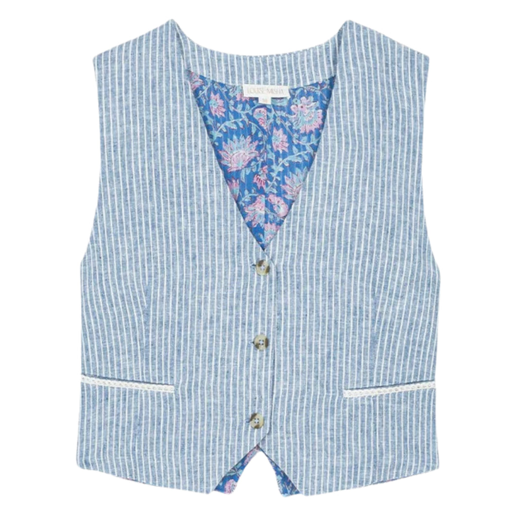 Sleeveless blue striped waistcoat with buttons on the front and lined with floral cotton veil.
Louise Misha Blue Onda Striped Franckie Waistcoat - Jo And Co Louise Misha Blue Onda Striped Franckie Waistcoat - Louise Misha