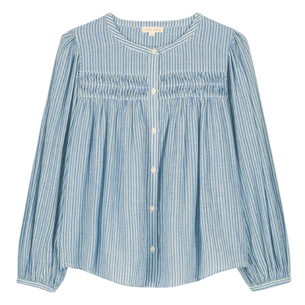 A blue and white blouse with pin stripe, buttoned centre, round neckline and lace inserts.
Louise Misha Blue Parasol Striped Jally Blouse - Jo And Co Louise Misha Blue Parasol Striped Jally Blouse - Louise Misha