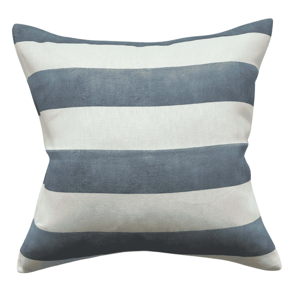 Blue Riviera Striped Linen Cushion made from organic linen and cotton with wide stripes, 55cm x 55cm.