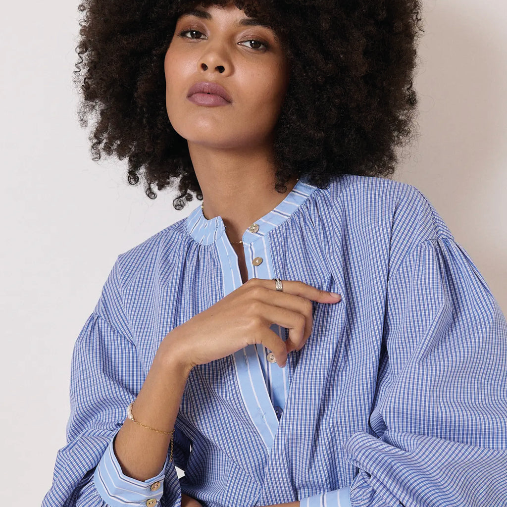 Garance Paris Blue Vendy Plaid Shirt with round neck and patchwork design.
Garance Paris Blue Vendy Plaid Shirt - Jo And Co Garance Paris Blue Vendy Plaid Shirt - Garance Paris