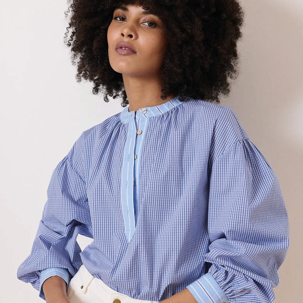 Garance Paris Blue Vendy Plaid Shirt with round neck and patchwork design.
Garance Paris Blue Vendy Plaid Shirt - Jo And Co Garance Paris Blue Vendy Plaid Shirt - Garance Paris