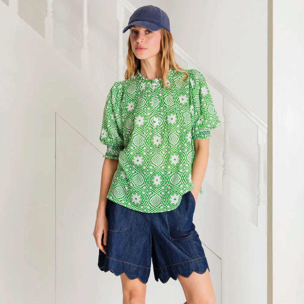 Hand block-printed green cotton voile shirt, with frill collar, half placket opening with buttons and elbow length sleeves.
Bonté Apple Green Loane Shirt - Jo And Co Bonté Apple Green Loane Shirt - Bonté