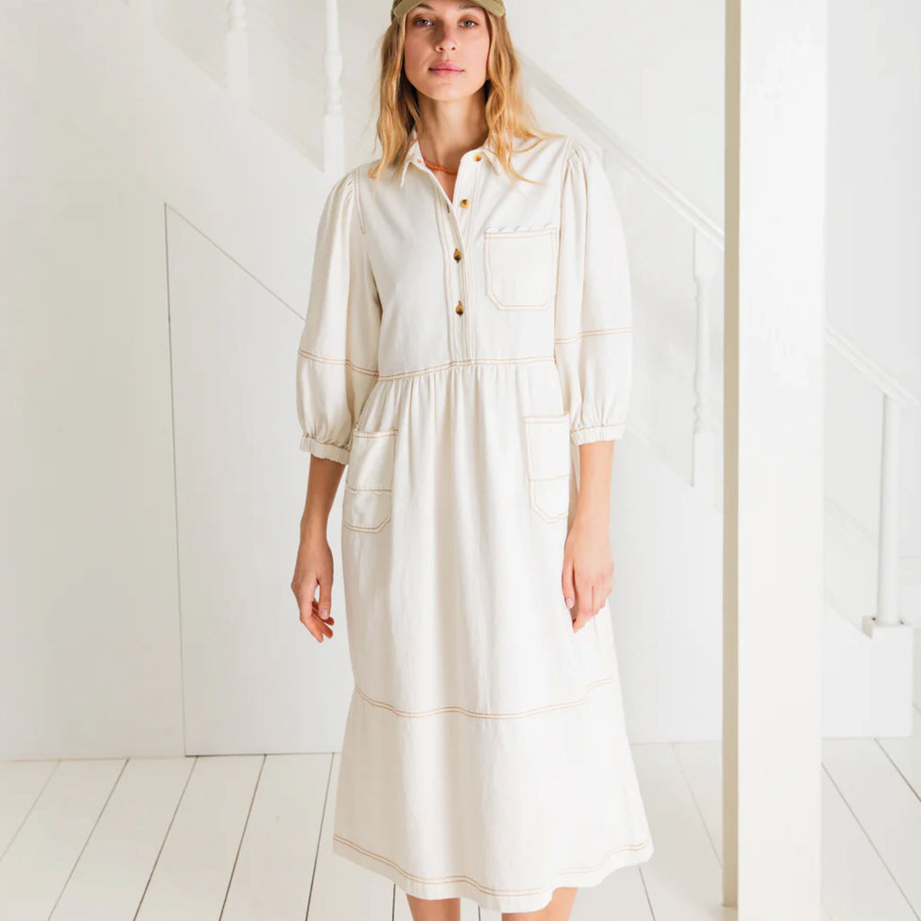 Relaxed fitting utility ecru denim dress with ric-rac detailing with contrast tan topstitching.
Bonté Ecru Adriane Dress - Jo And Co Bonté Ecru Adriane Dress - Bonté Ecru Adriane Dress