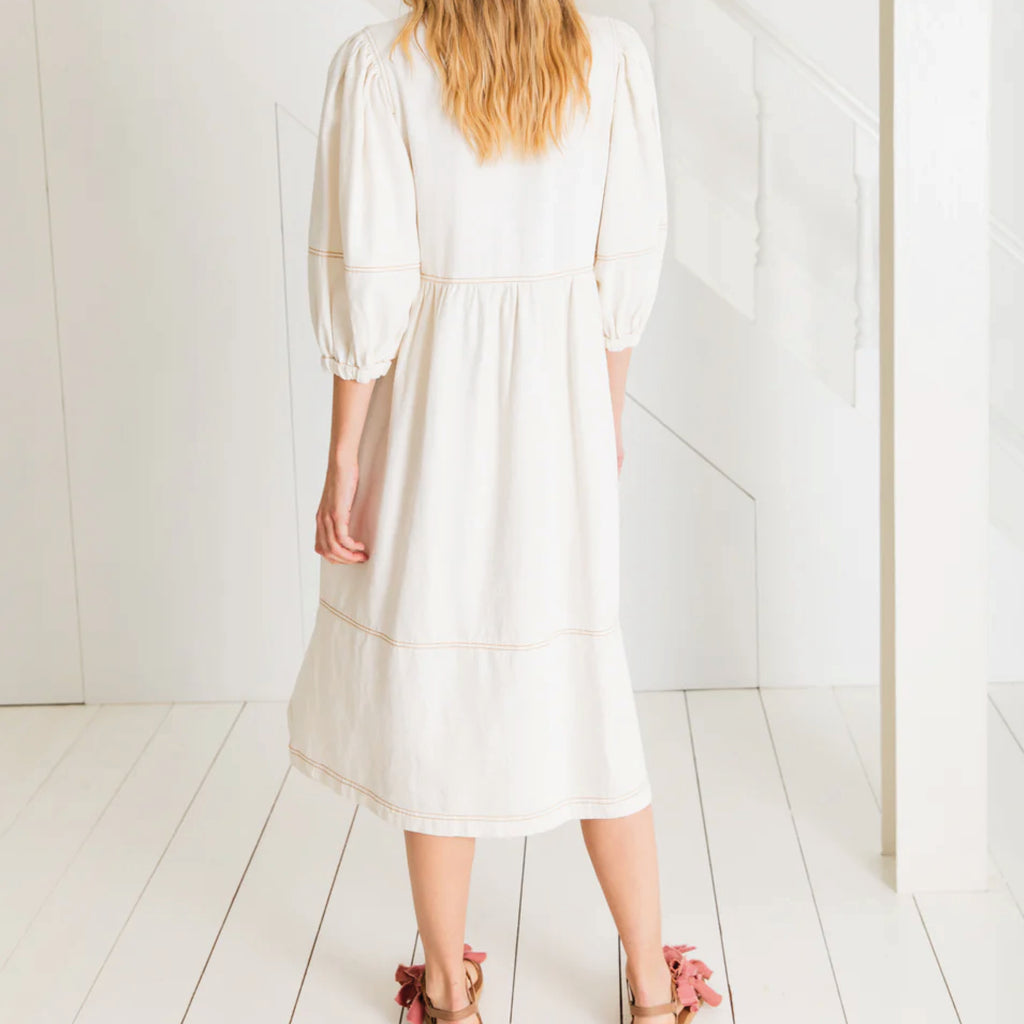 Relaxed fitting utility ecru denim dress with ric-rac detailing with contrast tan topstitching.
Bonté Ecru Adriane Dress - Jo And Co Bonté Ecru Adriane Dress - Bonté Ecru Adriane Dress