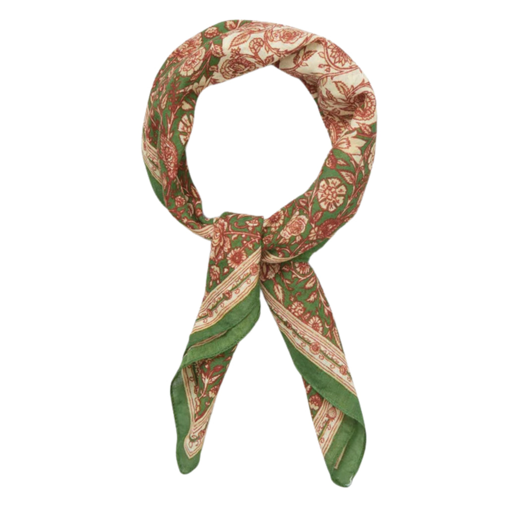 Square cotton green scarf with classic paisley-inspired red and cream floral pattern.
Beck Sondergaard Campsite Green Rosaisley Cotta Scarf - Jo And Co Beck Sondergaard Campsite Green Rosaisley Cotta Scarf - Beck Sondergaard