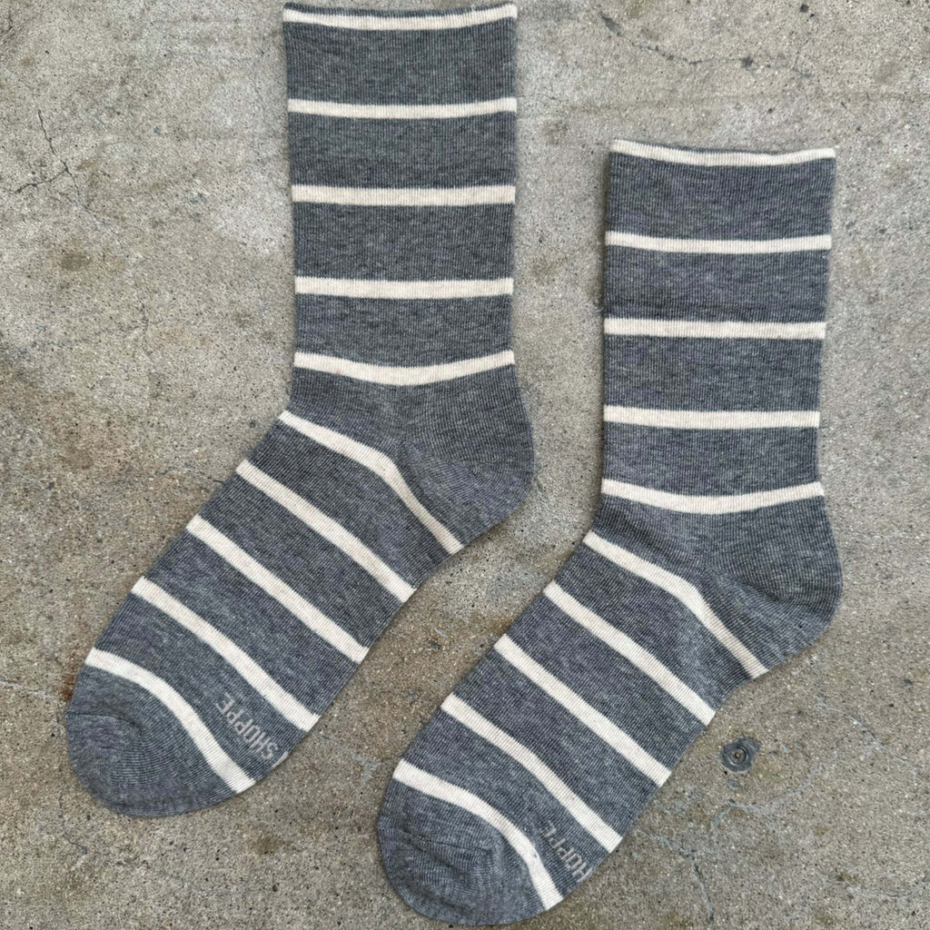 Le Bon Shoppe Cement Wally Socks with classic Parisian stripe design on a gray background.