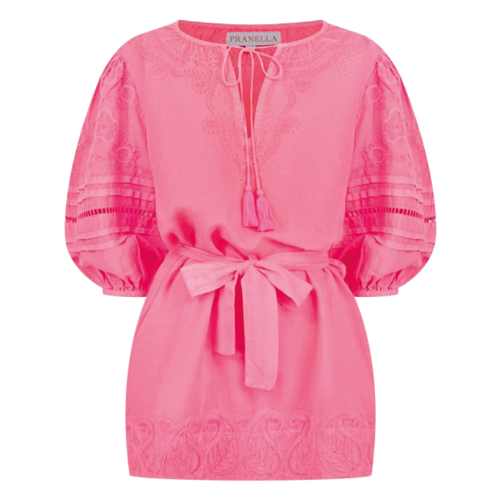 Cerise pink dress with balloon sleeves, a kaftan style neckline and tassel ties.
Pranella Cerise Carla Dress - Jo And Co Pranella Cerise Carla Dress - Pranella