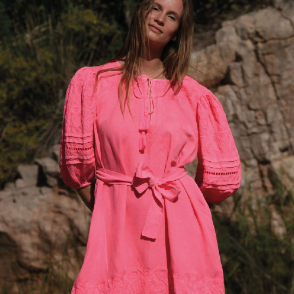 Cerise pink dress with balloon sleeves, a kaftan style neckline and tassel ties.
Pranella Cerise Carla Dress - Jo And Co Pranella Cerise Carla Dress - Pranella