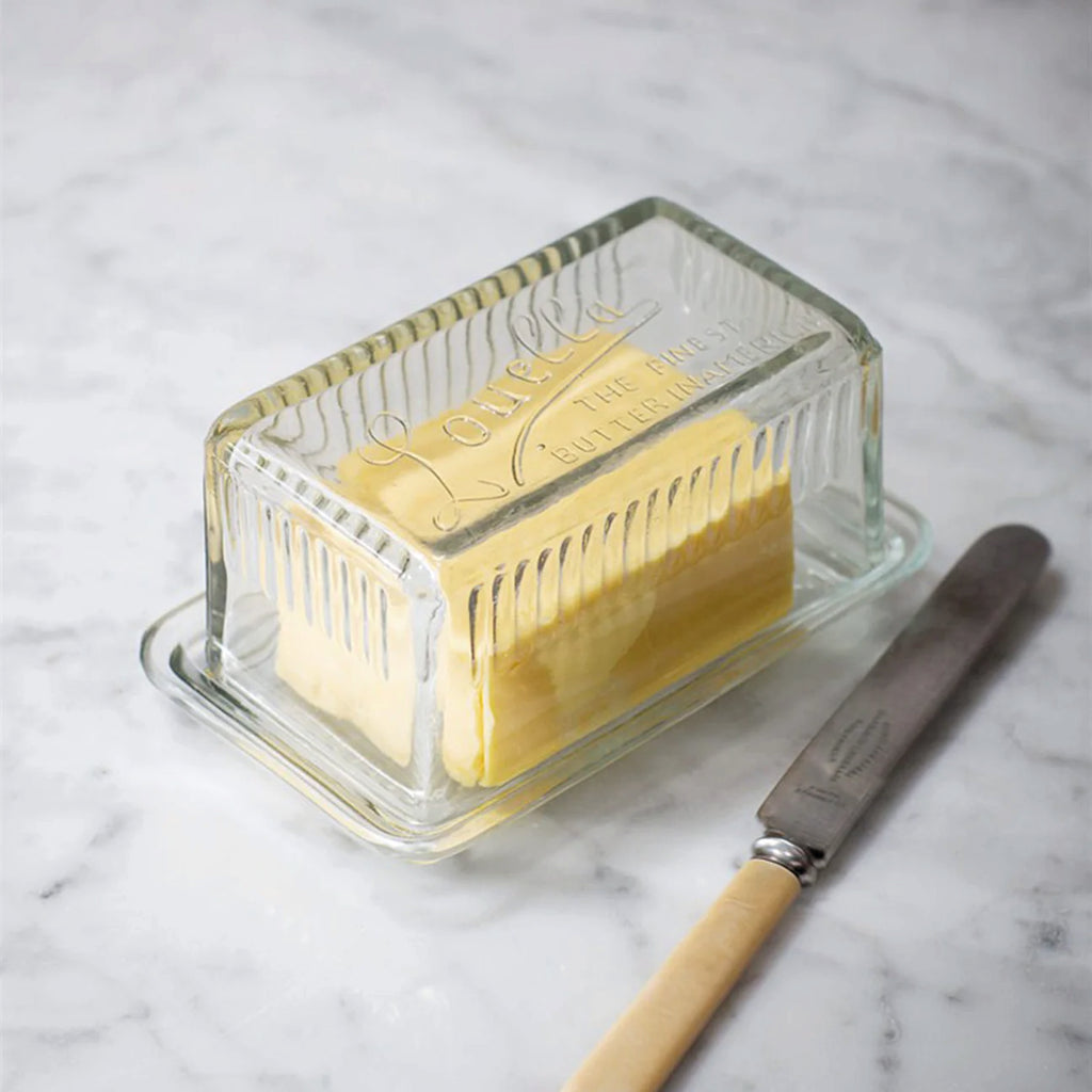 Glass retro style butter dish with Louella text.
Classic Louella Butter Dish - Jo And Co Classic Louella Butter Dish