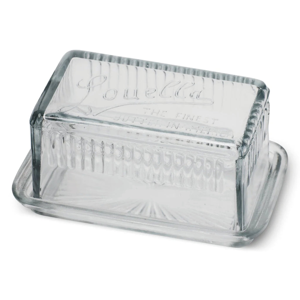 Glass retro style butter dish with Louella text.
Classic Louella Butter Dish - Jo And Co Classic Louella Butter Dish