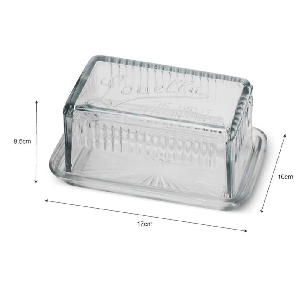 Glass retro style butter dish with Louella text.
Classic Louella Butter Dish - Jo And Co Classic Louella Butter Dish