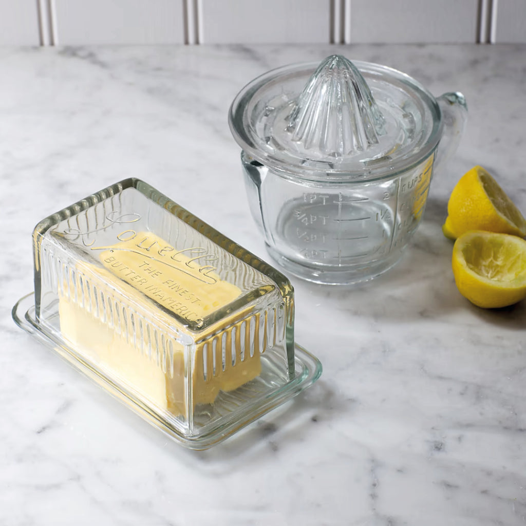 Glass retro style butter dish with Louella text.
Classic Louella Butter Dish - Jo And Co Classic Louella Butter Dish