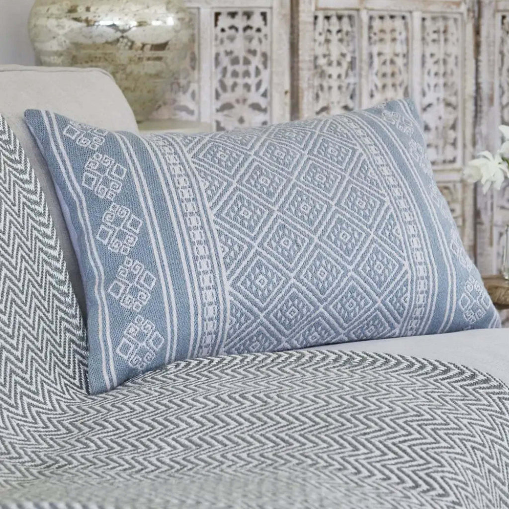 Cornflower Kalkan Cushion with textured jacquard design in blue and white embroidery, made from recycled plastic bottles.