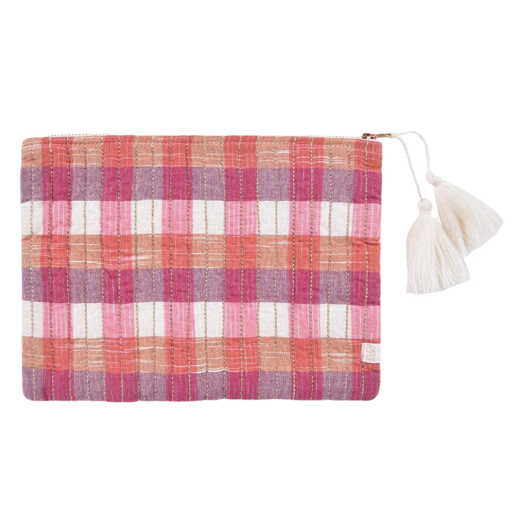 Quilted zipped pouch with cream and pink striped design and handmade cream tassels.
Louise Misha Cream Sun Pink Stripe Domina Pouch - Jo And Co Louise Misha Cream Sun Pink Stripe Domina Pouch - Louise Misha