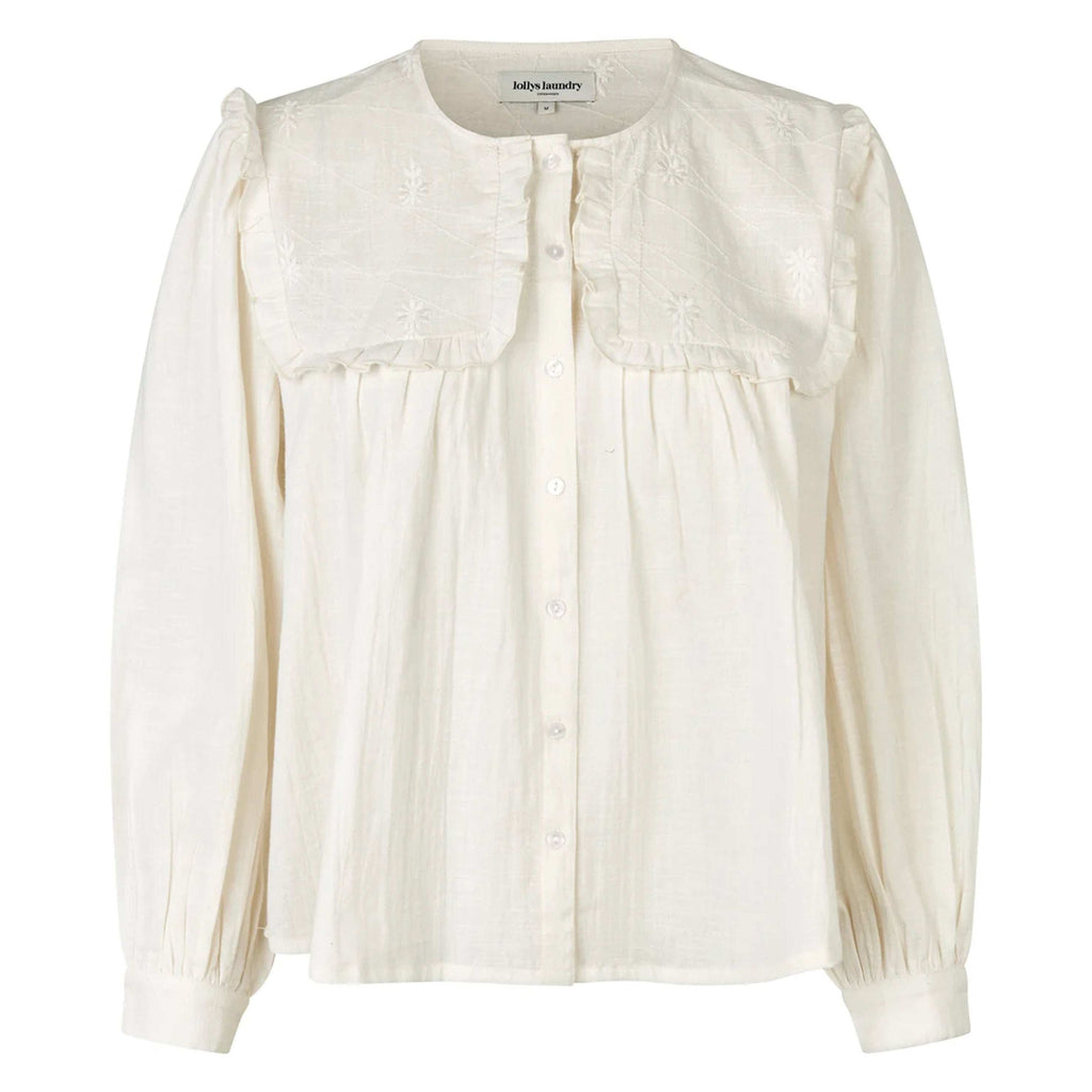 Lollys Laundry Creme Dooble Blouse, off-white cotton blouse with embroidered collar and puffed long sleeves.