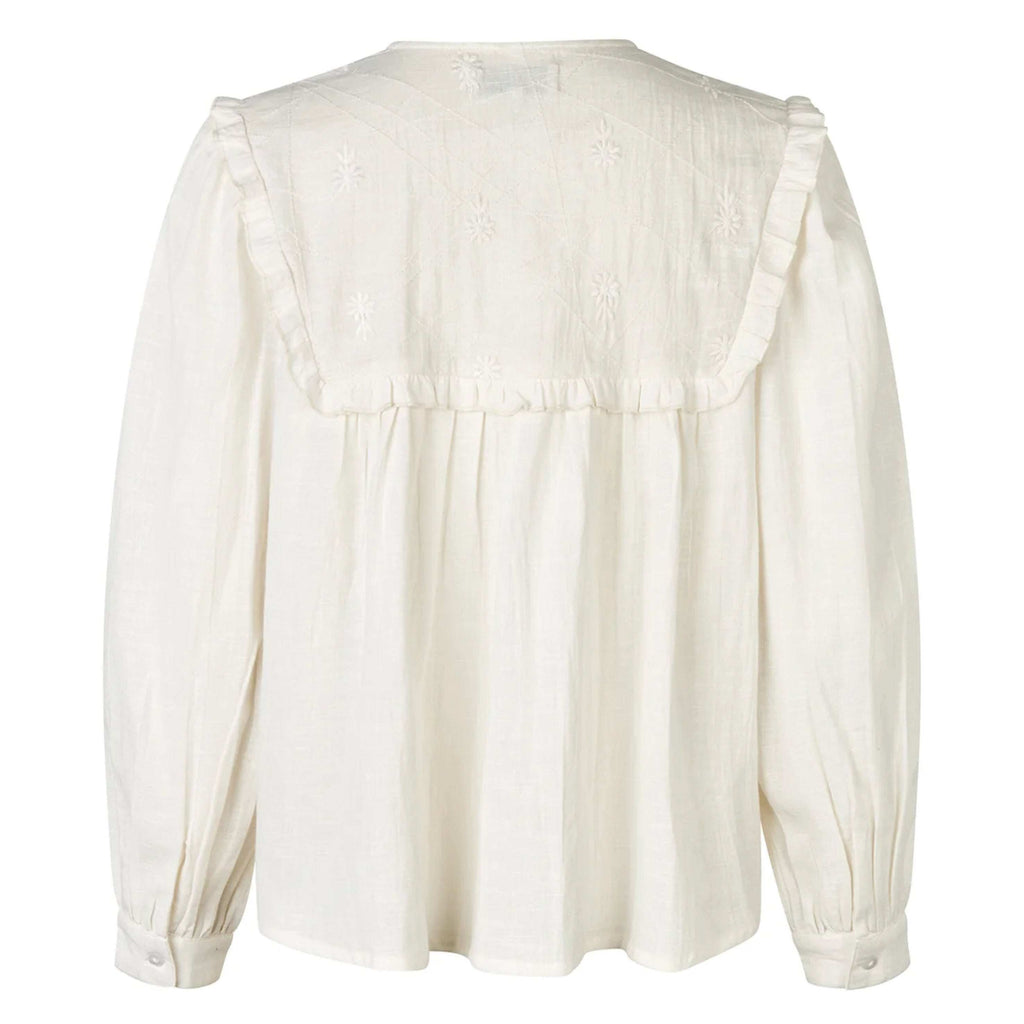 Lollys Laundry Creme Dooble Blouse with embroidered collar and puffed sleeves.