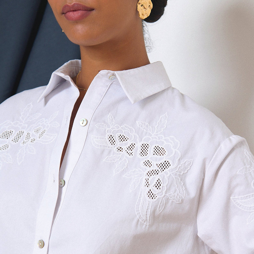 Garance Paris Ecru Tess Embroidered Shirt with pearl buttons and classic collar.
Garance Paris Ecru Tess Embroidered Shirt - Jo And Co Garance Paris Ecru Tess Embroidered Shirt - Garance Paris