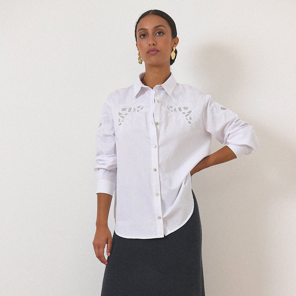 Garance Paris Ecru Tess Embroidered Shirt with pearl buttons and classic collar.
Garance Paris Ecru Tess Embroidered Shirt - Jo And Co Garance Paris Ecru Tess Embroidered Shirt - Garance Paris