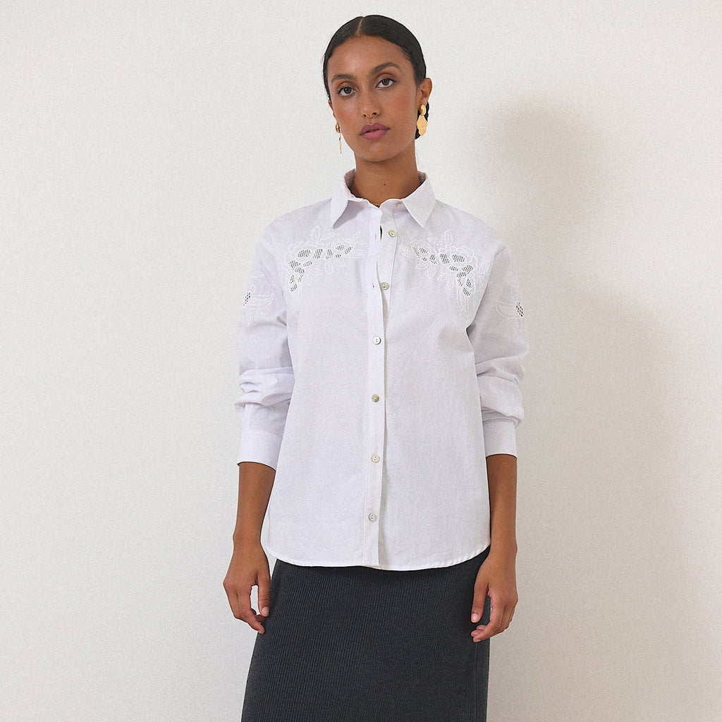 Garance Paris Ecru Tess Embroidered Shirt with pearl buttons and classic collar.
Garance Paris Ecru Tess Embroidered Shirt - Jo And Co Garance Paris Ecru Tess Embroidered Shirt - Garance Paris