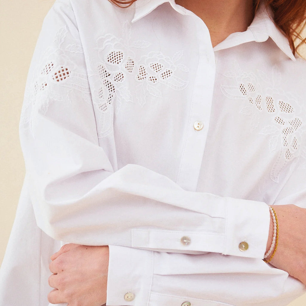 Garance Paris Ecru Tess Embroidered Shirt with pearl buttons and classic collar.
Garance Paris Ecru Tess Embroidered Shirt - Jo And Co Garance Paris Ecru Tess Embroidered Shirt - Garance Paris