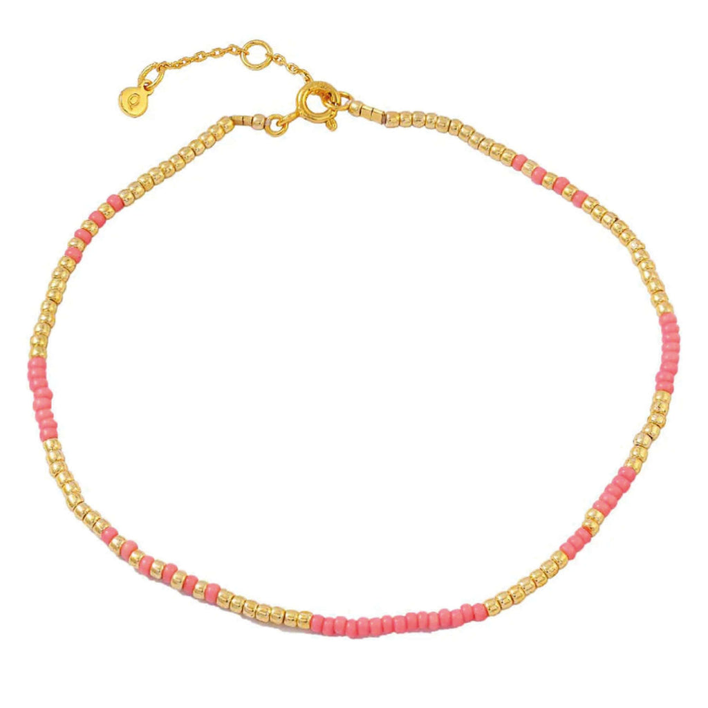 Hultquist Copenhagen Elina Anklet with pink and gold Miyuki beads and gold plated sterling silver clasp.