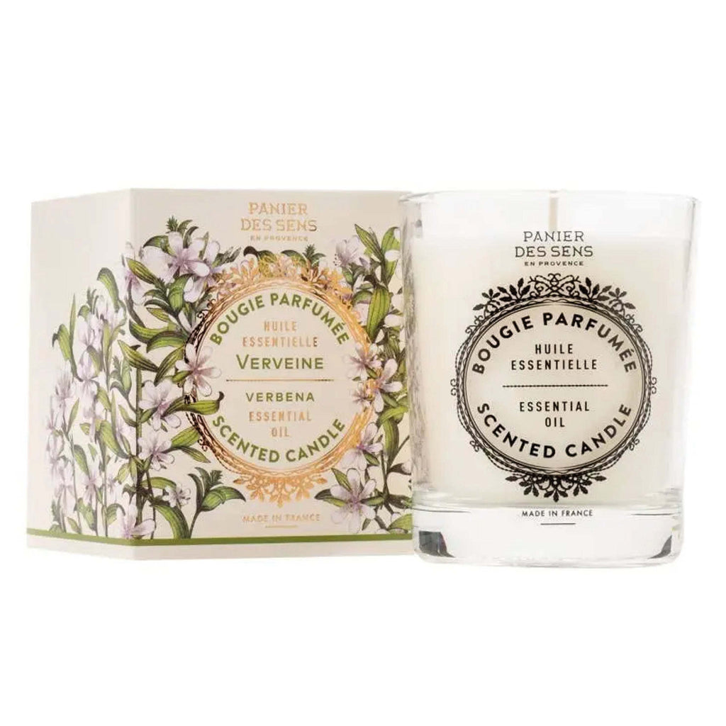 Panier Des Sens Energizing Verbena Scented Candle 180g with floral packaging.