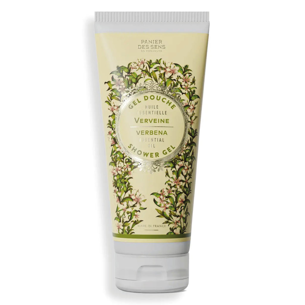 Panier Des Sens Energizing Verbena Shower Gel 200ml with shea oil in cream-colored tube, featuring floral design.