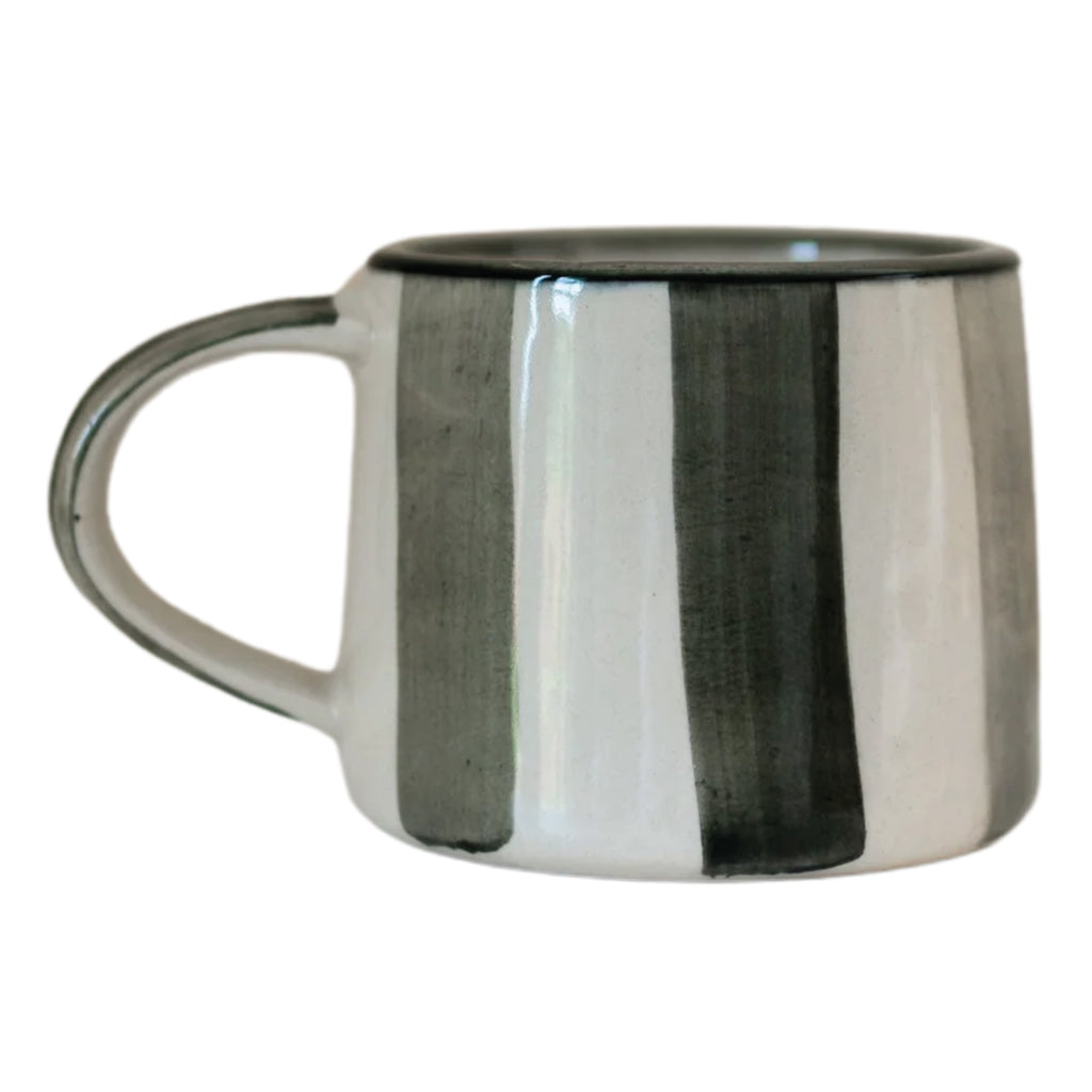 Hand thrown ceramic mug with brushed stripe design in green/taupe on milk white.
Forest Washed Stripe Koko Mug - Jo And Co Forest Washed Stripe Koko Mug