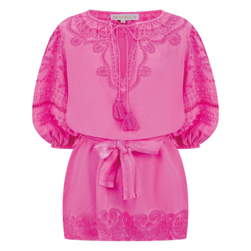 Fuchsia pink dress with balloon sleeves featuring a kaftan style neckline with tassel ties.
Pranella Fuchsia Carla Dress - Jo And Co Pranella Fuchsia Carla Dress - Pranella