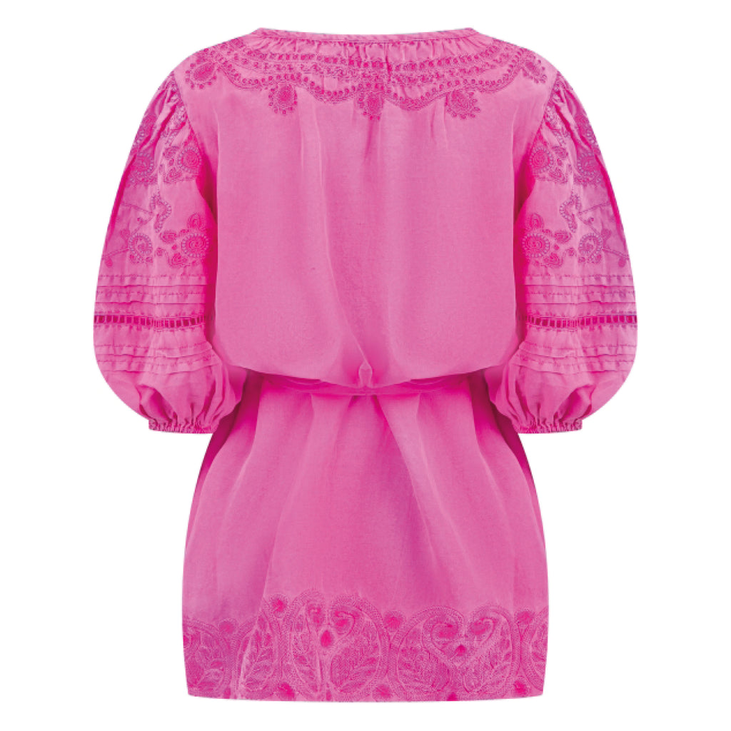 Fuchsia pink dress with balloon sleeves featuring a kaftan style neckline with tassel ties.
Pranella Fuchsia Carla Dress - Jo And Co Pranella Fuchsia Carla Dress - Pranella