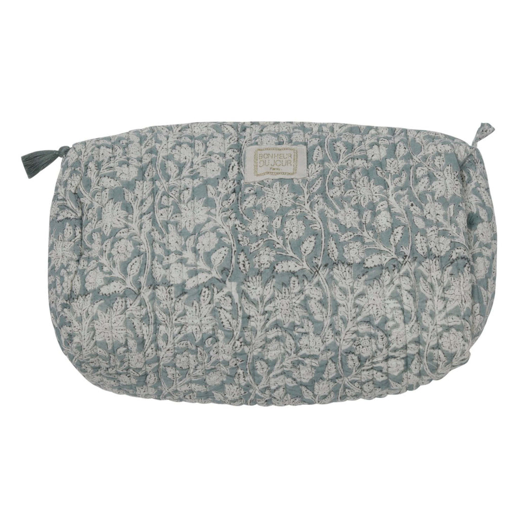 Luxurious Goa Blue Green Indi Wash Bag with floral print, handmade pompons, and spacious interior.