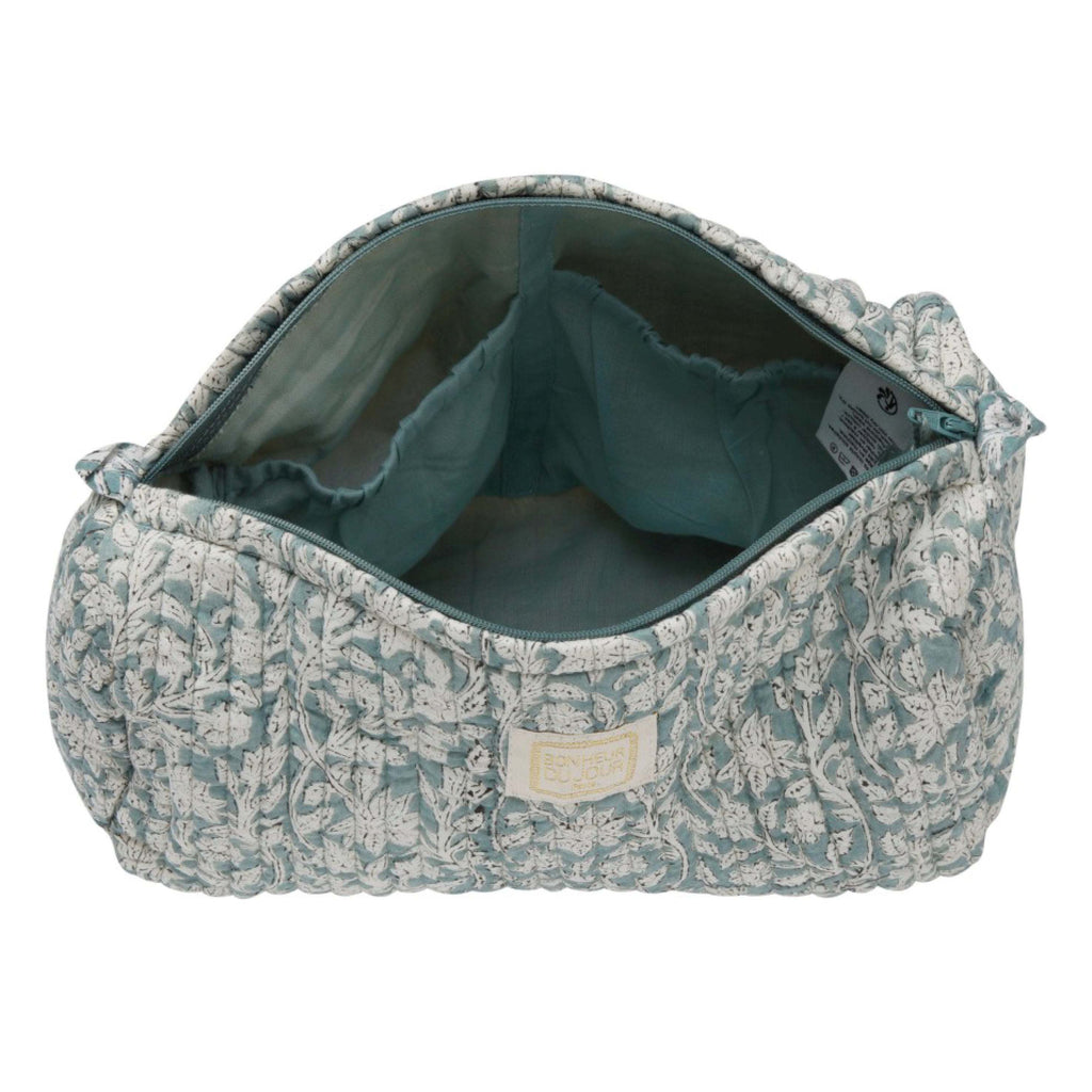 Goa Blue Green Indi Wash Bag with floral print, handmade pompons, and spacious interior.