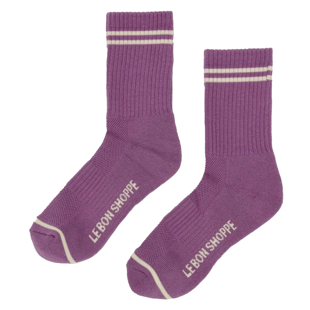 Le Bon Shoppe Grape Boyfriend Socks in purple with sporty stripes, cotton blend.