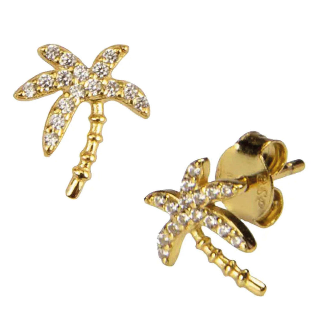 Hultquist Copenhagen Palm Stud Earrings, 18K gold plated sterling silver, white cubic zirconia, 1.1 cm length.