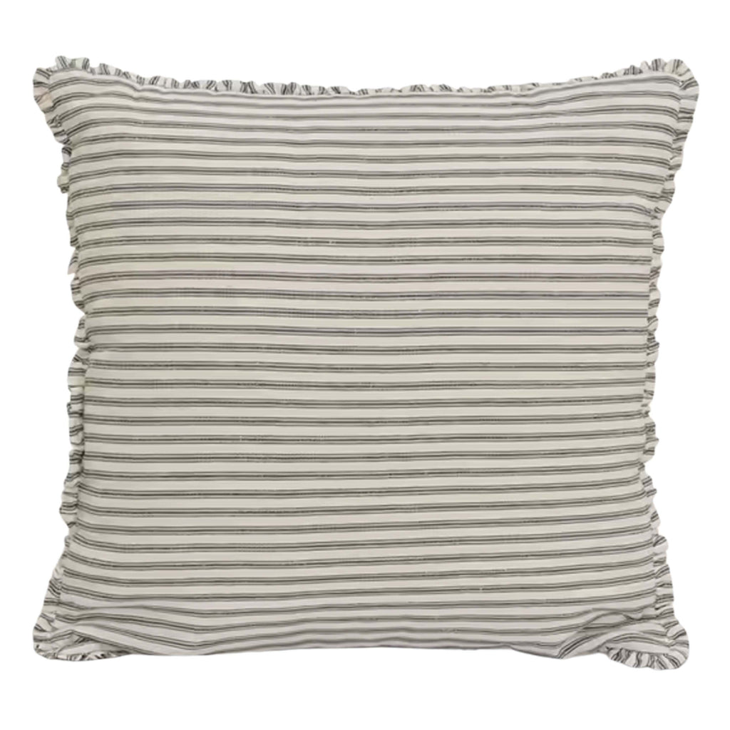 Ink Boxwell Stripe Cushion 60x60cm with frill edges made from cotton and linen mix in yarn dyed stripe pattern.