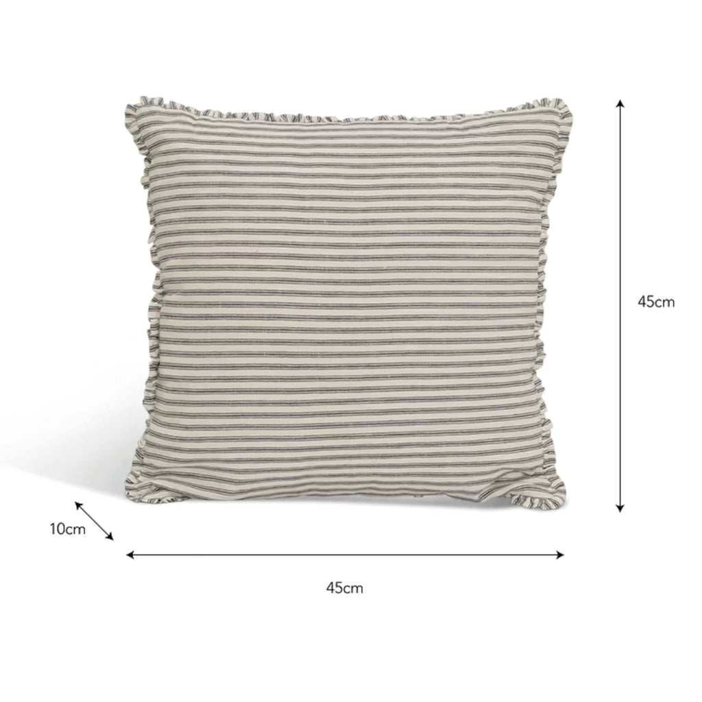 Ink Boxwell Stripe Cushion 45x45cm with yarn-dyed stripes and frill edges, made of linen and cotton.