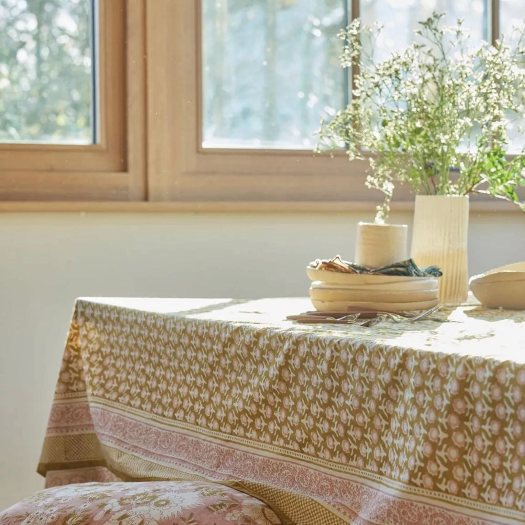 Isha Olive Tablecloth with hand-printed Indian bohemian flower design.
Isha Olive Tablecloth - Jo And Co Isha Olive Tablecloth