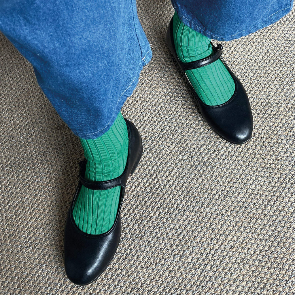 Le Bon Shoppe Kelly Green Her Socks, ribbed cotton blend, worn with black shoes.