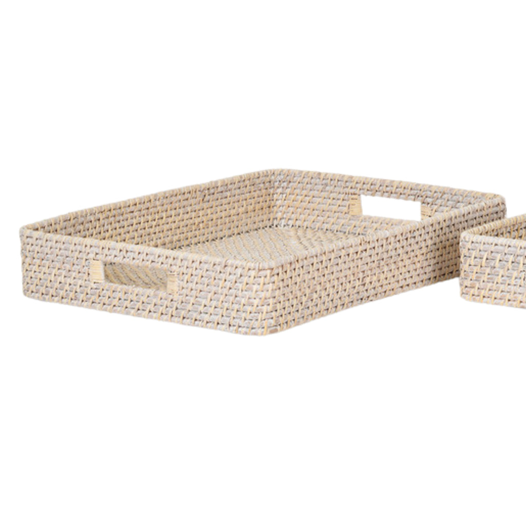 Large white Wittering rattan rectangular tray with cut-out handles and whitewash finish.
Large White Wittering Rattan Rectangular Tray - Jo And Co Large White Wittering Rattan Rectangular Tray